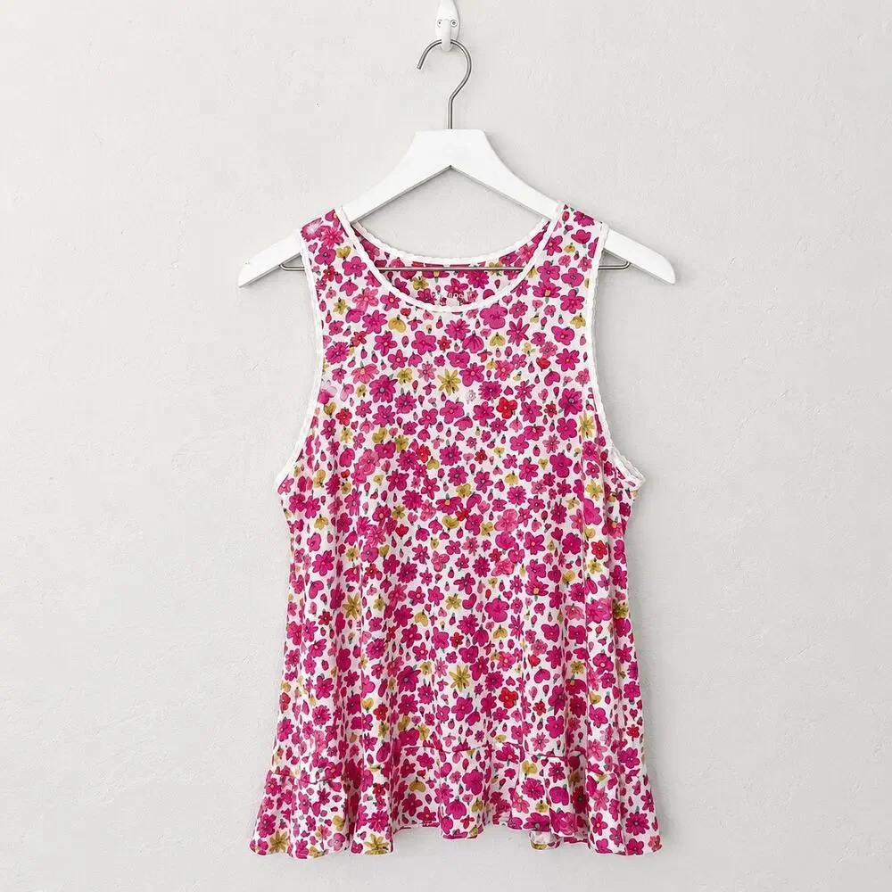 Kate Spade Marker Floral Pajama Tank Top M Pink Ruffle Peplum Coquette Sleepwear